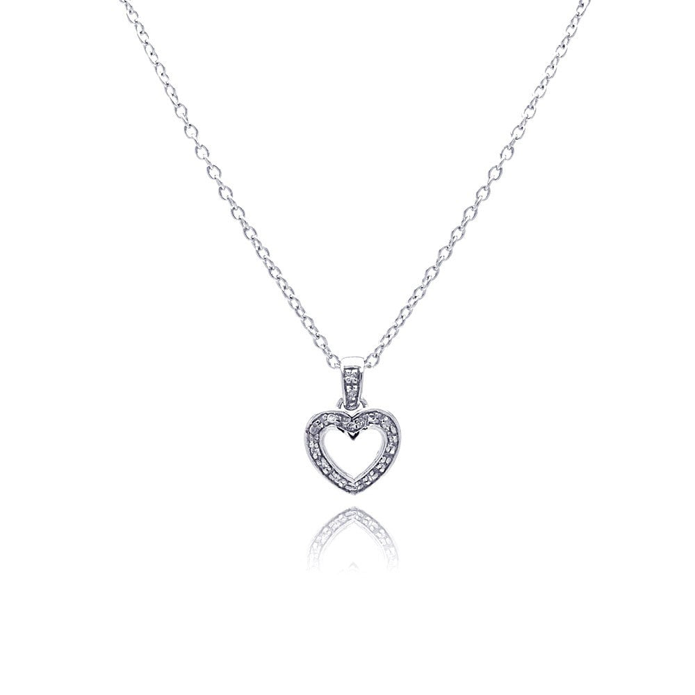 Sterling Silver Necklace with Trendy Small Paved Open Heart Pendant