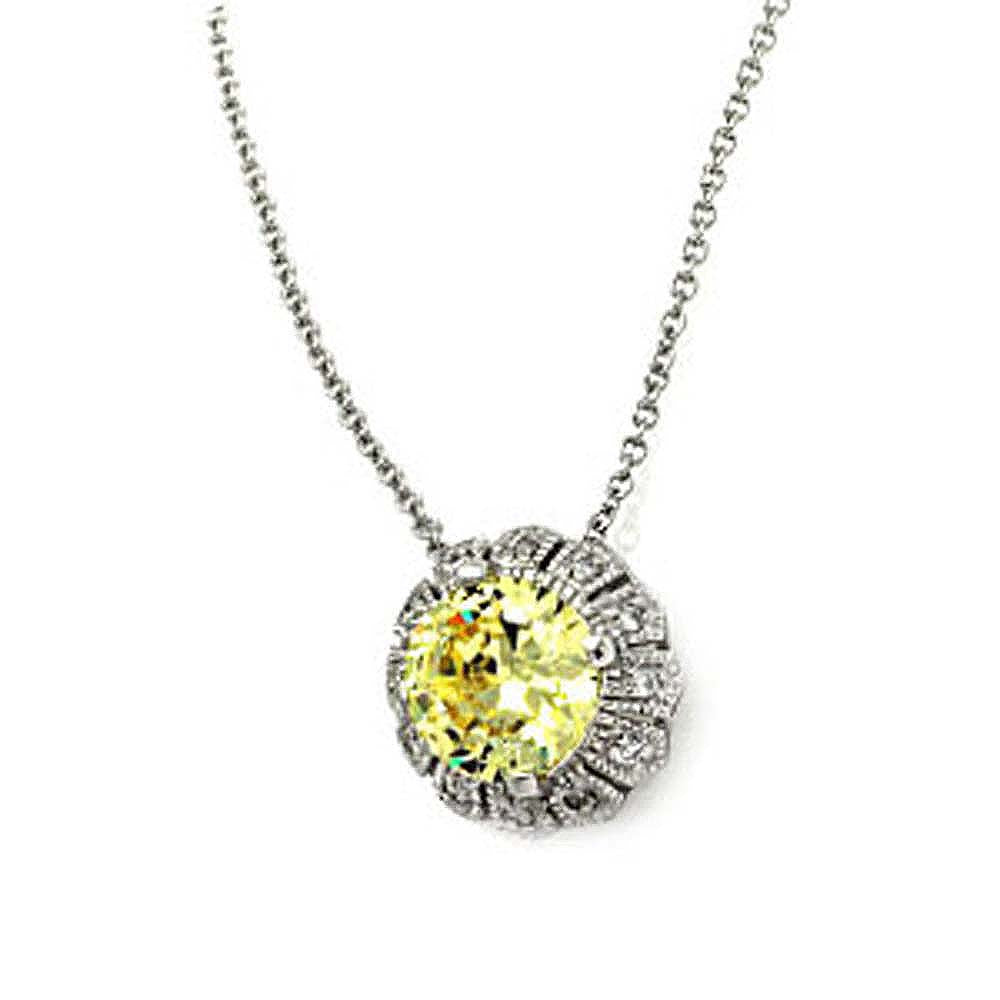 Sterling Silver Necklace with Clear Czs Cluster Flower with Centered Yellow Cz Pendant