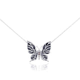 Sterling Silver Rhodium Plated Clear CZ Butterfly Onyx Pendant Necklace