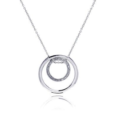Sterling Silver Necklace with Classy Double Open Circle Inlaid with Clear Czs Pendant
