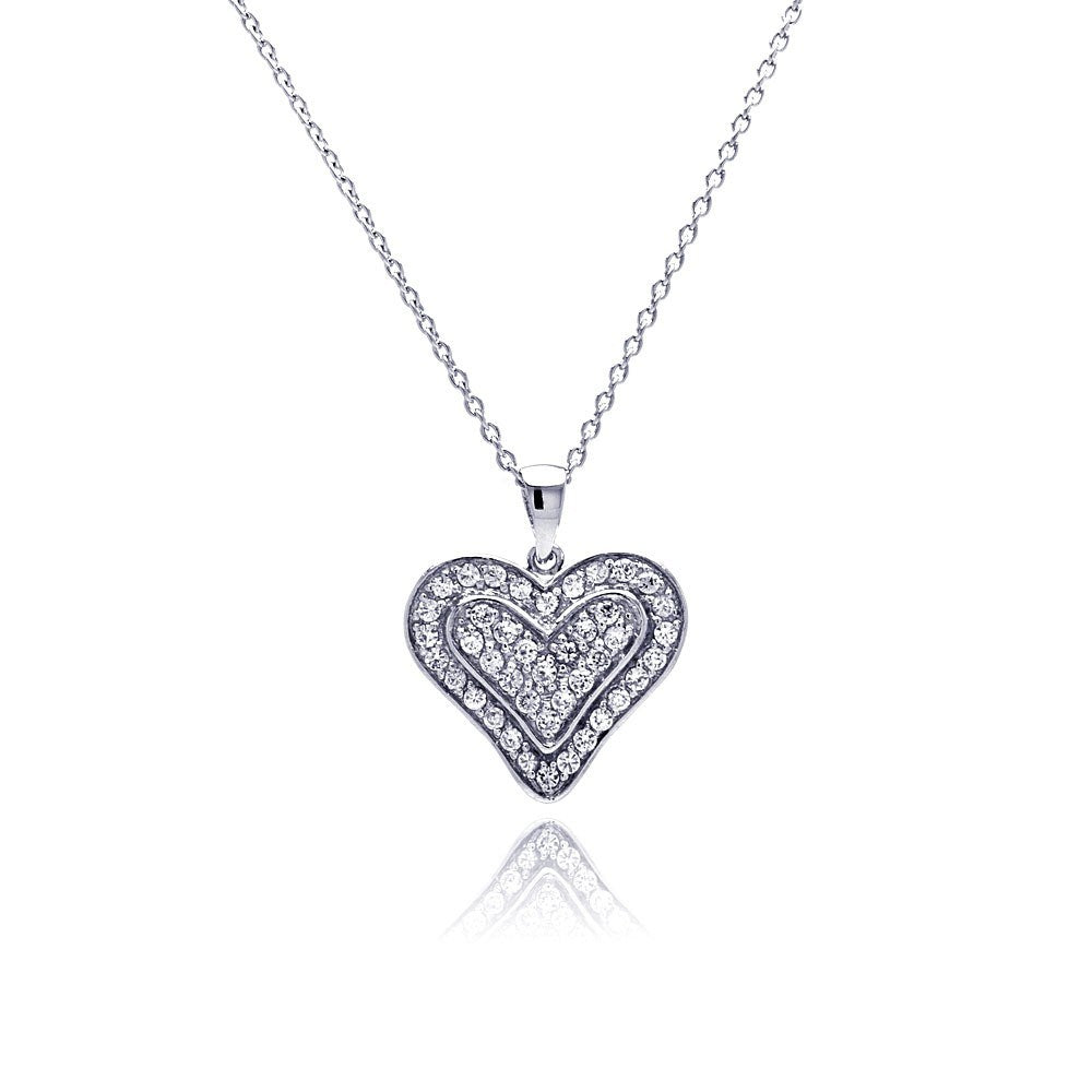 Sterling Silver Necklace with Double Layered Heart Covered with Clear Czs Pendant