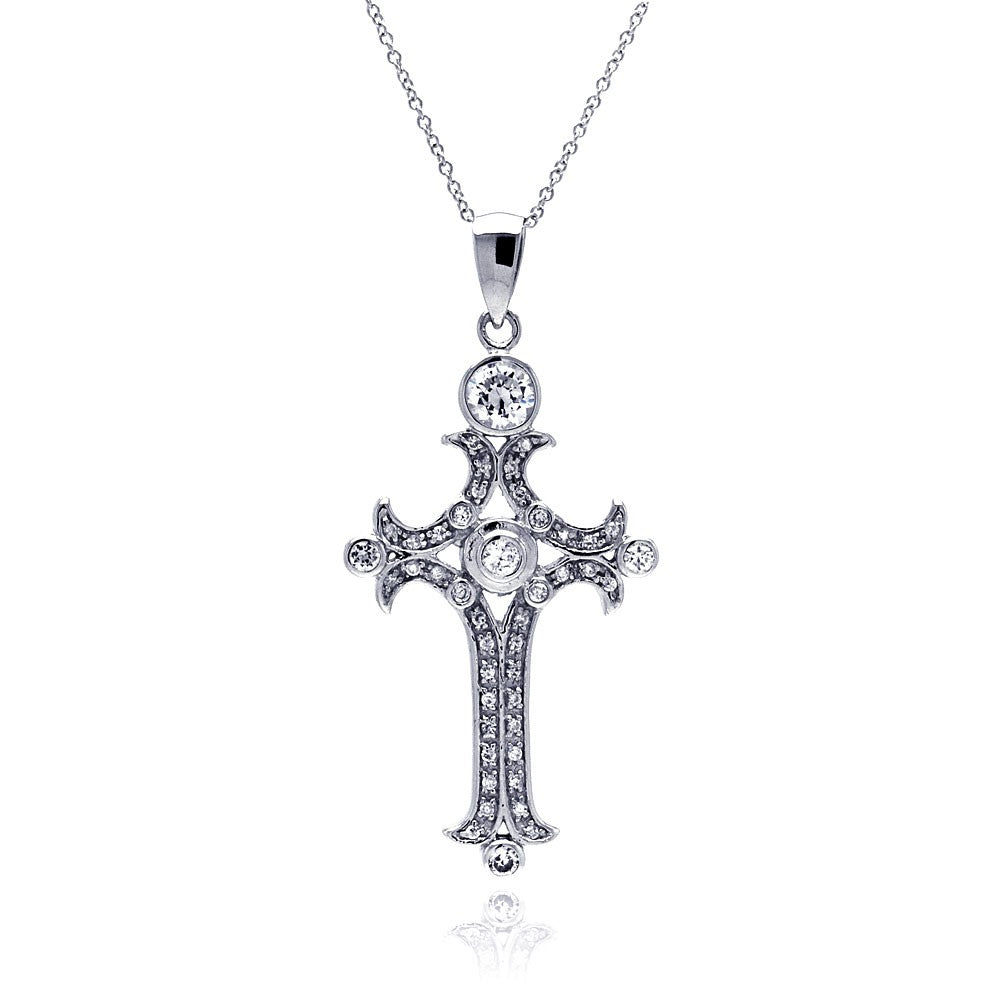 Sterling Silver Clear CZ Rhodium Plated Fancy Cross Pendant Necklace