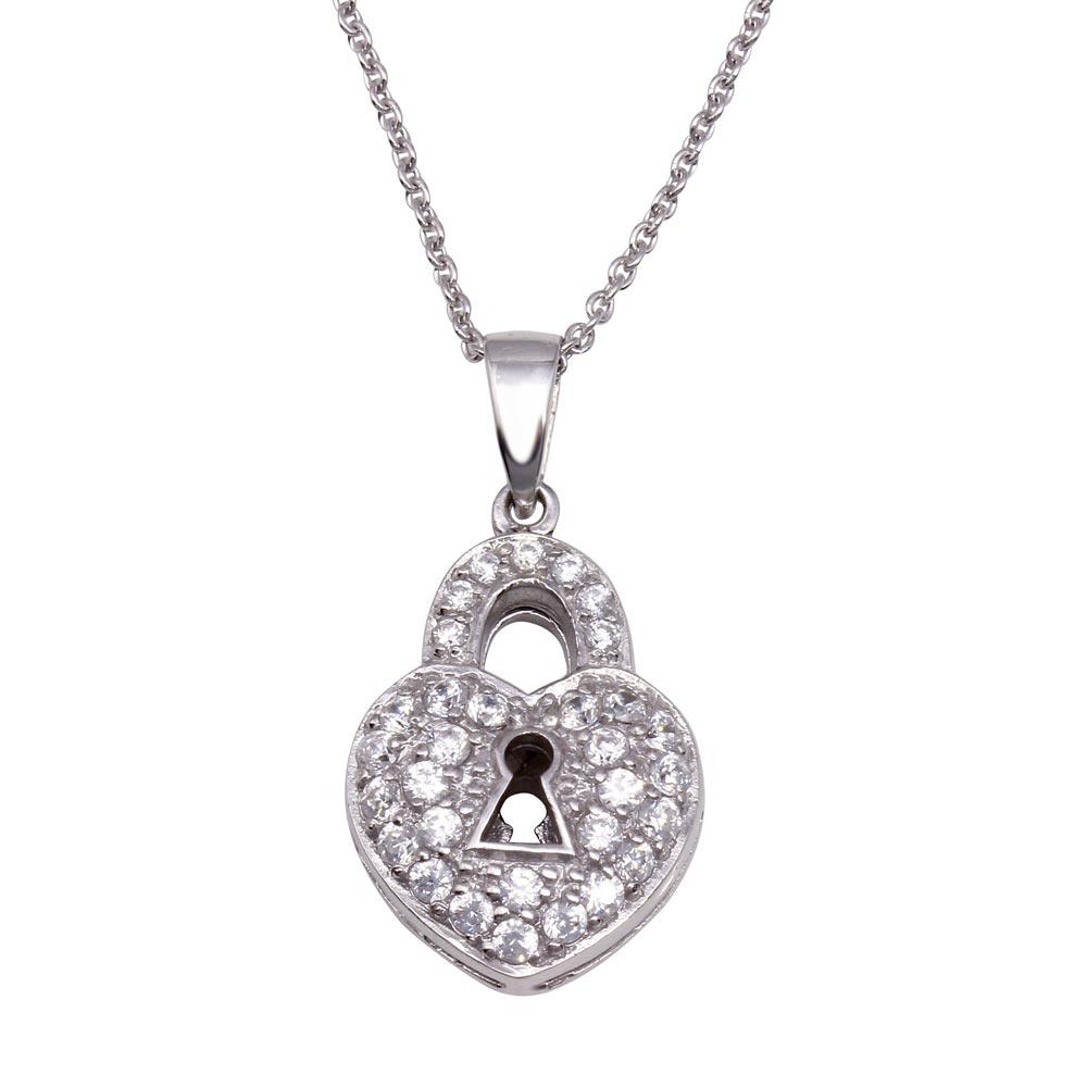 Sterling Silver Necklace with Fancy Paved Cz Key Heart Lock Pendant