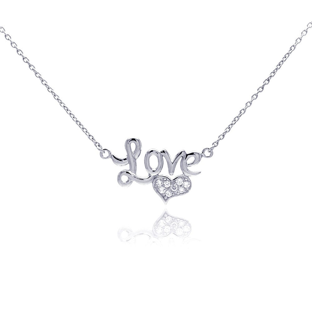 Sterling Silver Necklace with Word  Love  and Heart Design Inlaid with Clear Czs Pendant