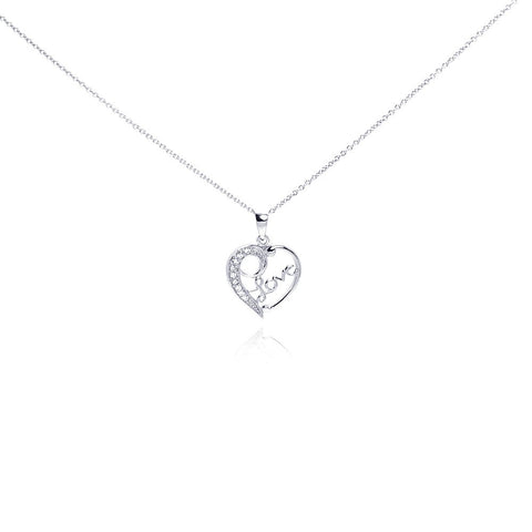 Sterling Silver Necklace with Fancy Open Heart Inlaid with Clear Czs with  Love  Design Pendant