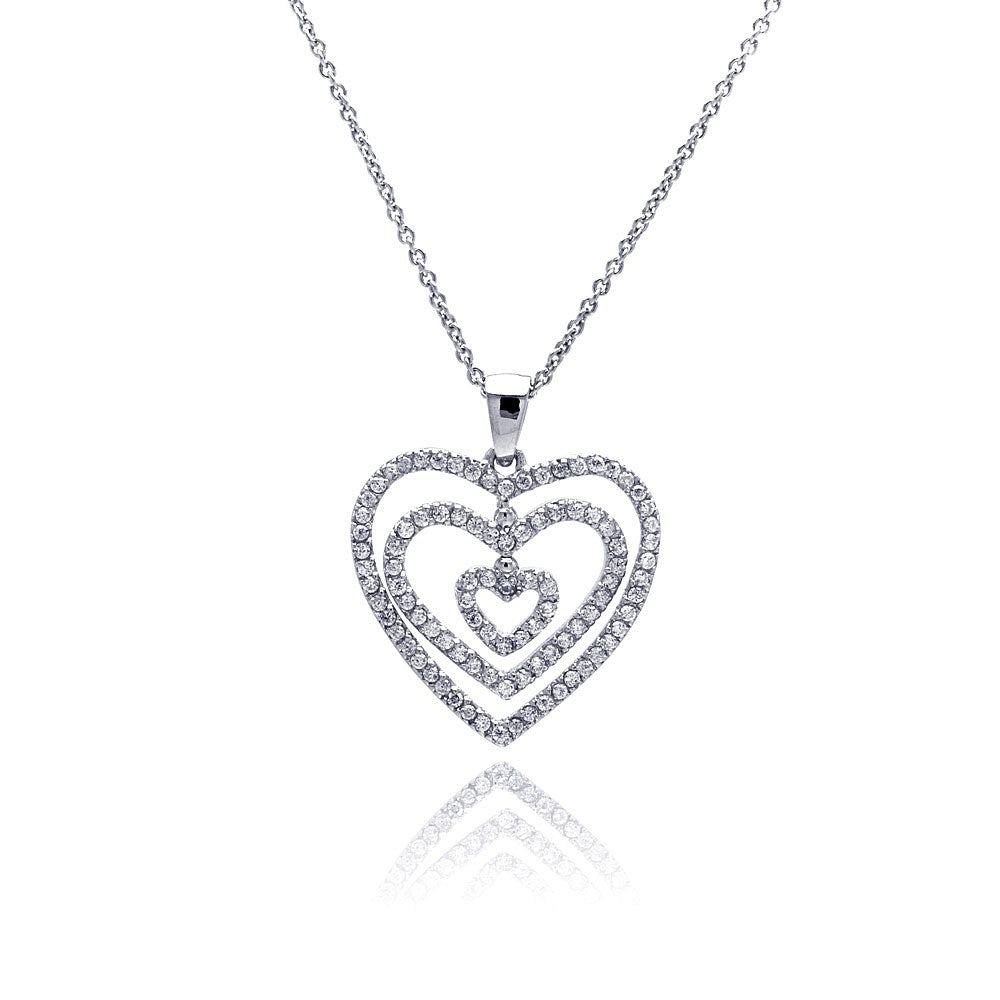 Sterling Silver Necklace with Classy Three Layered Paved Czs Open Heart Pendant