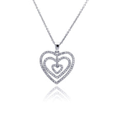 Load image into Gallery viewer, Sterling Silver Necklace with Classy Three Layered Paved Czs Open Heart Pendant