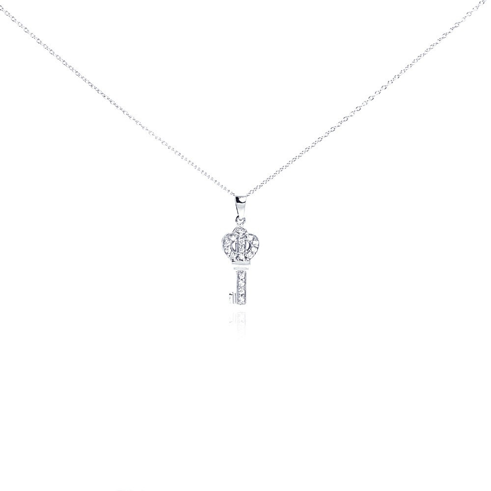 Sterling Silver Necklace with Small Crown Key Inlaid with Clear Czs Pendant