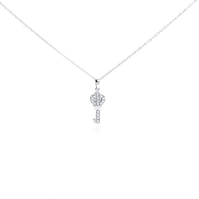 Sterling Silver Necklace with Small Crown Key Inlaid with Clear Czs Pendant
