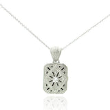 Sterling Silver Necklace with Sun Design Inlaid with Czs Rectangular Locket Pendant