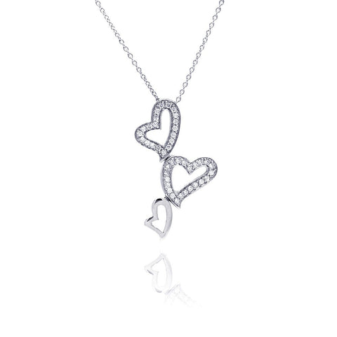 Sterling Silver Necklace with Fancy Three Hearts Inlaid with Clear Czs Dangling Pendant