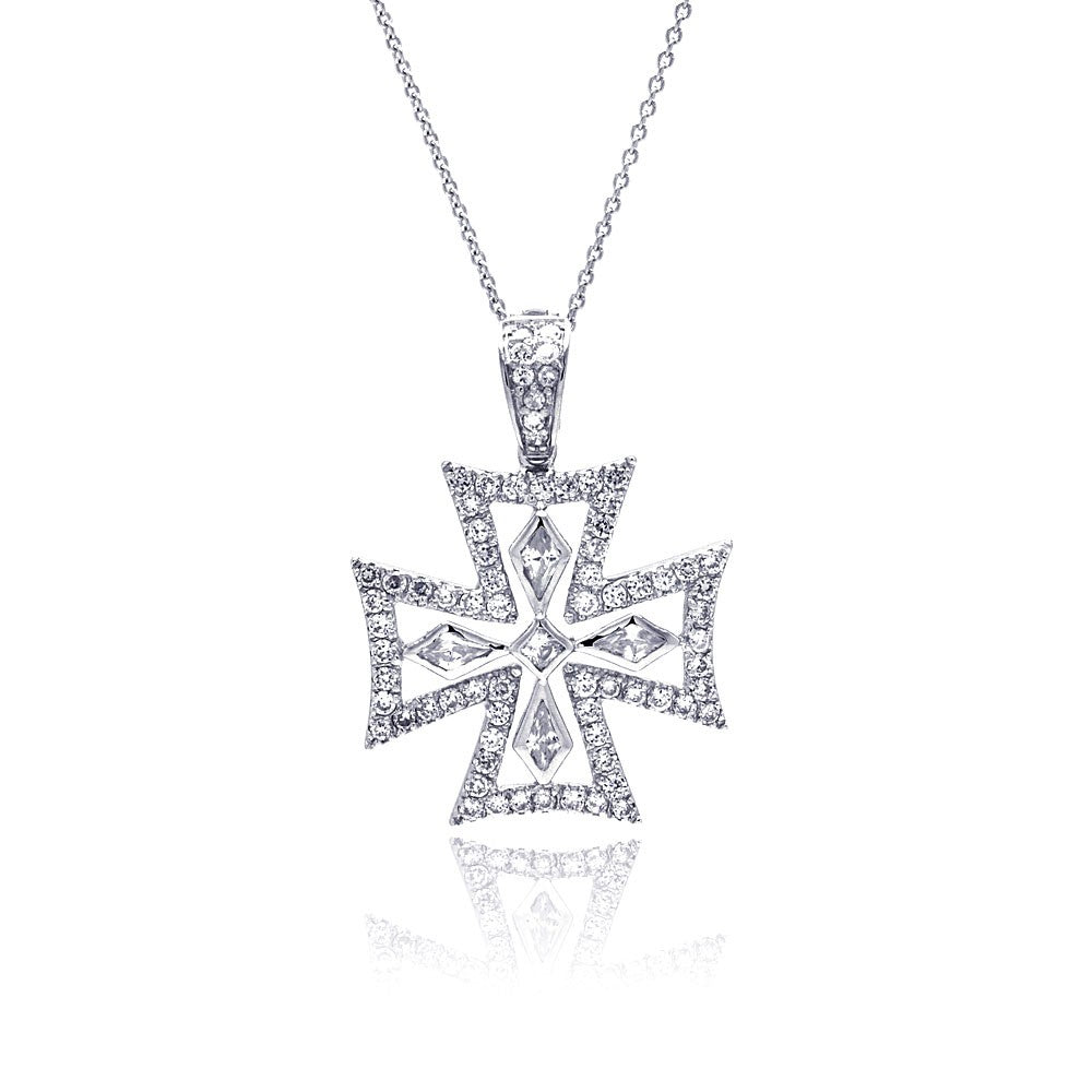 Sterling Silver Clear CZ Rhodium Plated Fancy Cross Pendant Necklace