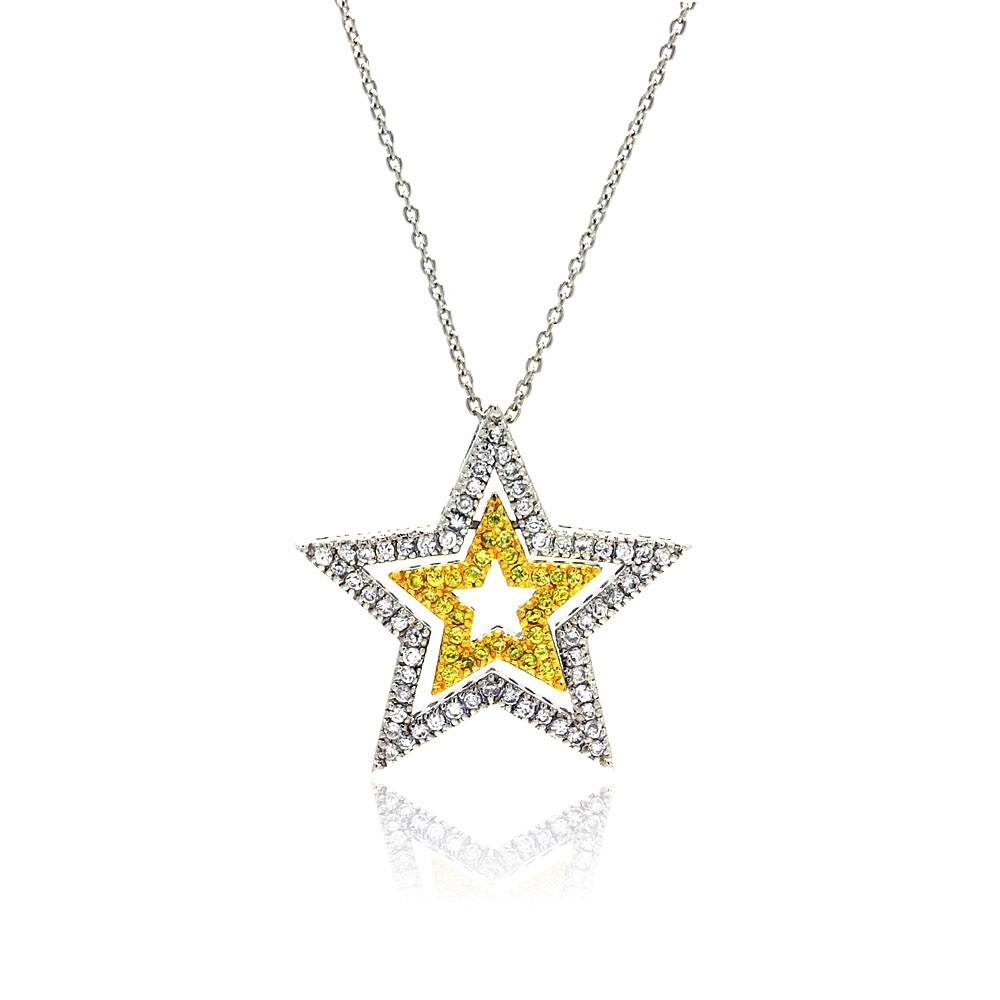 Sterling Silver Necklace with Two-Toned Stars Inlaid with Clear and Citrine Czs Pendant