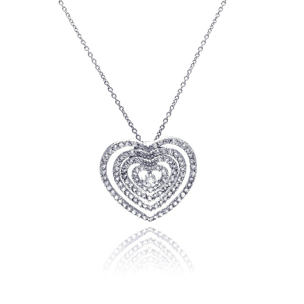 Sterling Silver Necklace with Classy Four Layered Paved Czs Open Heart Pendant