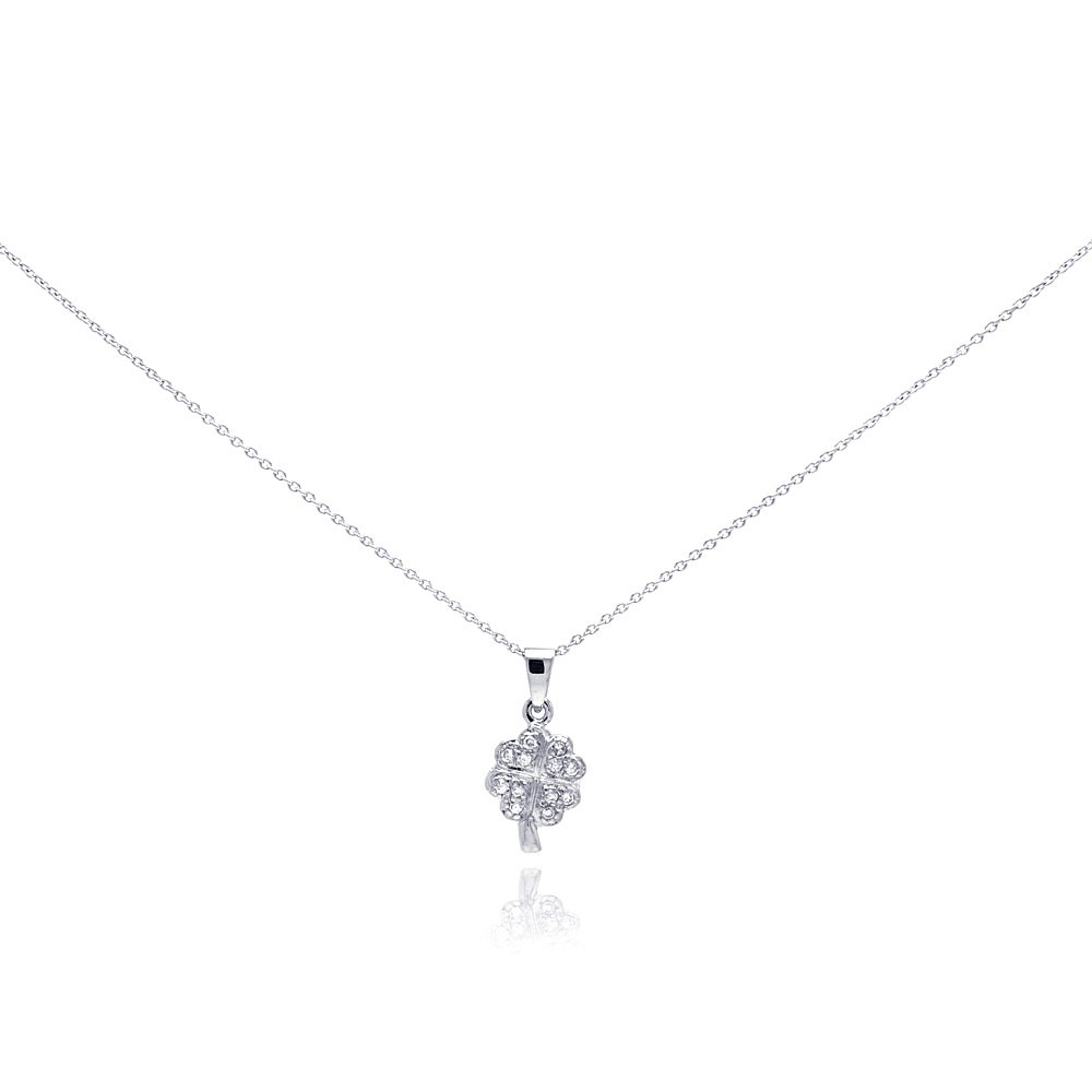 Sterling Silver Necklace with Fancy Paved Czs Clover Pendant