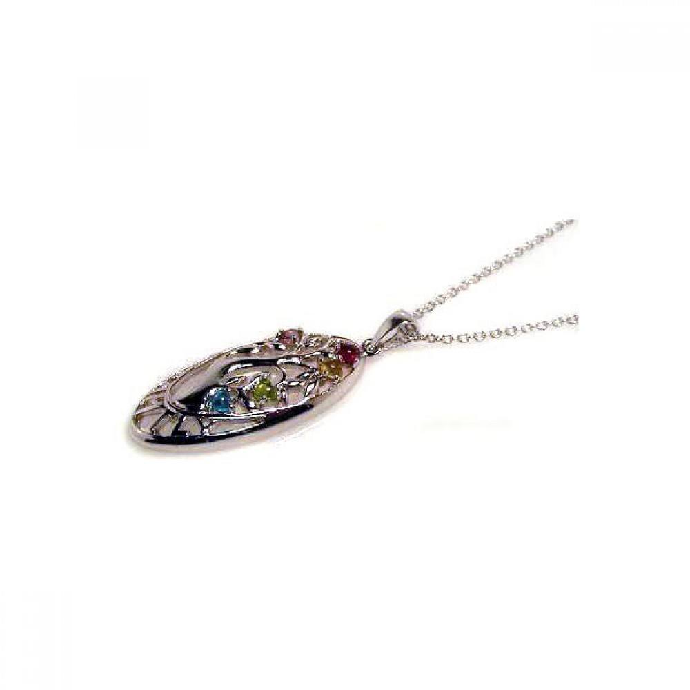 Sterling Silver Necklace with Stylish Family Tree Inlaid with Multi-Colored Czs Pendant