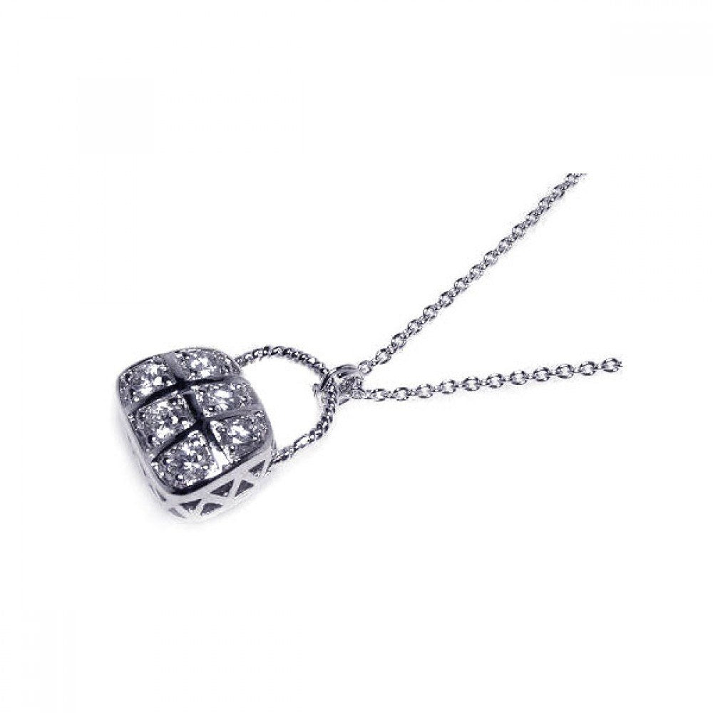 Sterling Silver Necklace with Stylish Fashion Purse Inlaid with Clear Czs Pendant