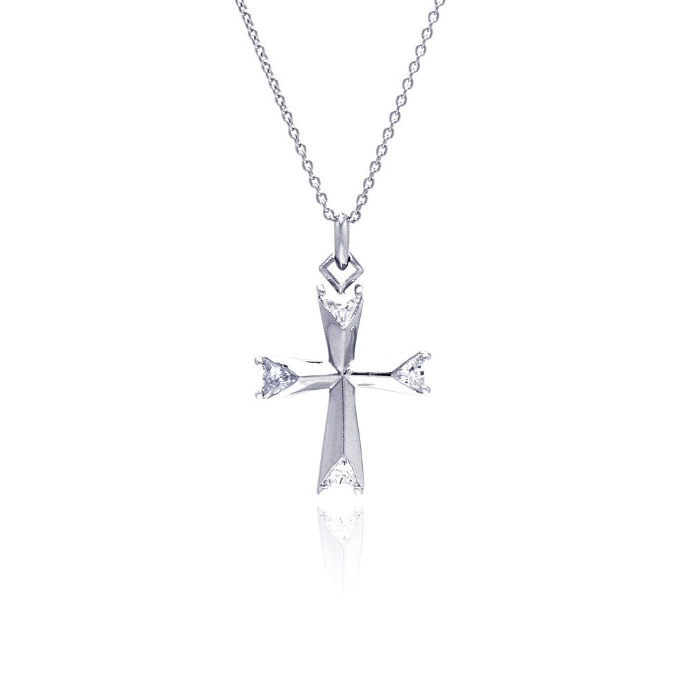 Sterling Silver Clear CZ Rhodium Plated Fancy Cross Pendant Necklace