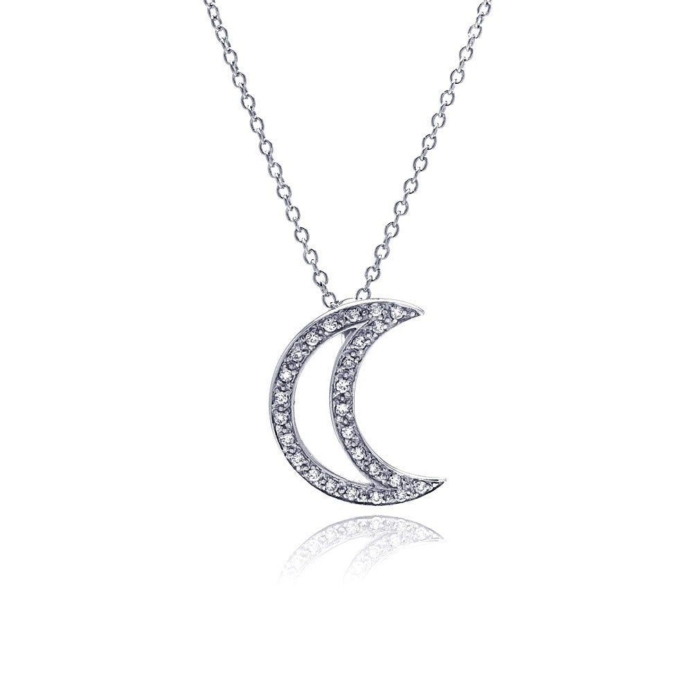 Sterling Silver Necklace with Modish Paved Crescent Moon Pendant