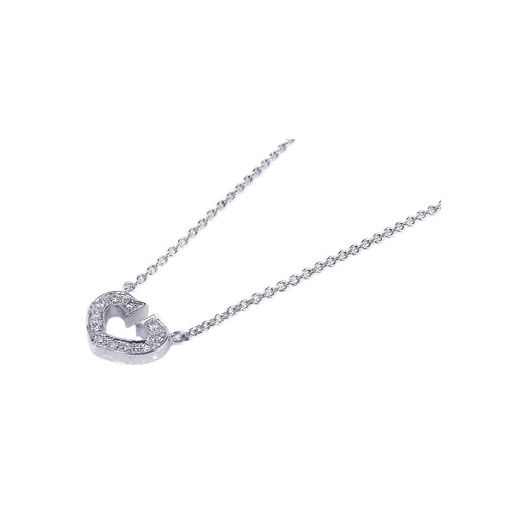 Sterling Silver Necklace with Fancy Small Open Heart Inlaid with Clear Czs Pendant