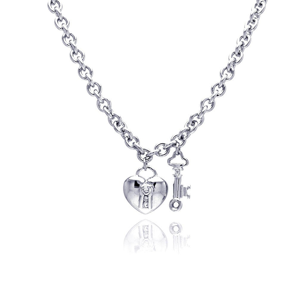 Sterling Silver Necklace with Fancy Solid Heart And Key Inlaid with Clear Czs Pendant