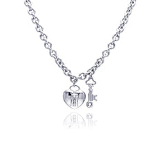 Load image into Gallery viewer, Sterling Silver Necklace with Fancy Solid Heart And Key Inlaid with Clear Czs Pendant