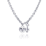 Sterling Silver Necklace with Fancy Solid Heart And Key Inlaid with Clear Czs Pendant