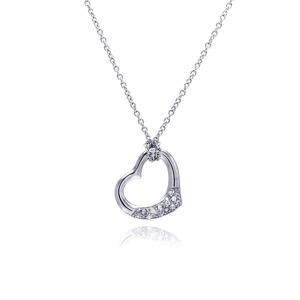Sterling Silver Necklace with Fancy Sideways Open Heart Inlaid with Clear Czs Pendant