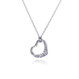 Sterling Silver Necklace with Fancy Sideways Open Heart Inlaid with Clear Czs Pendant