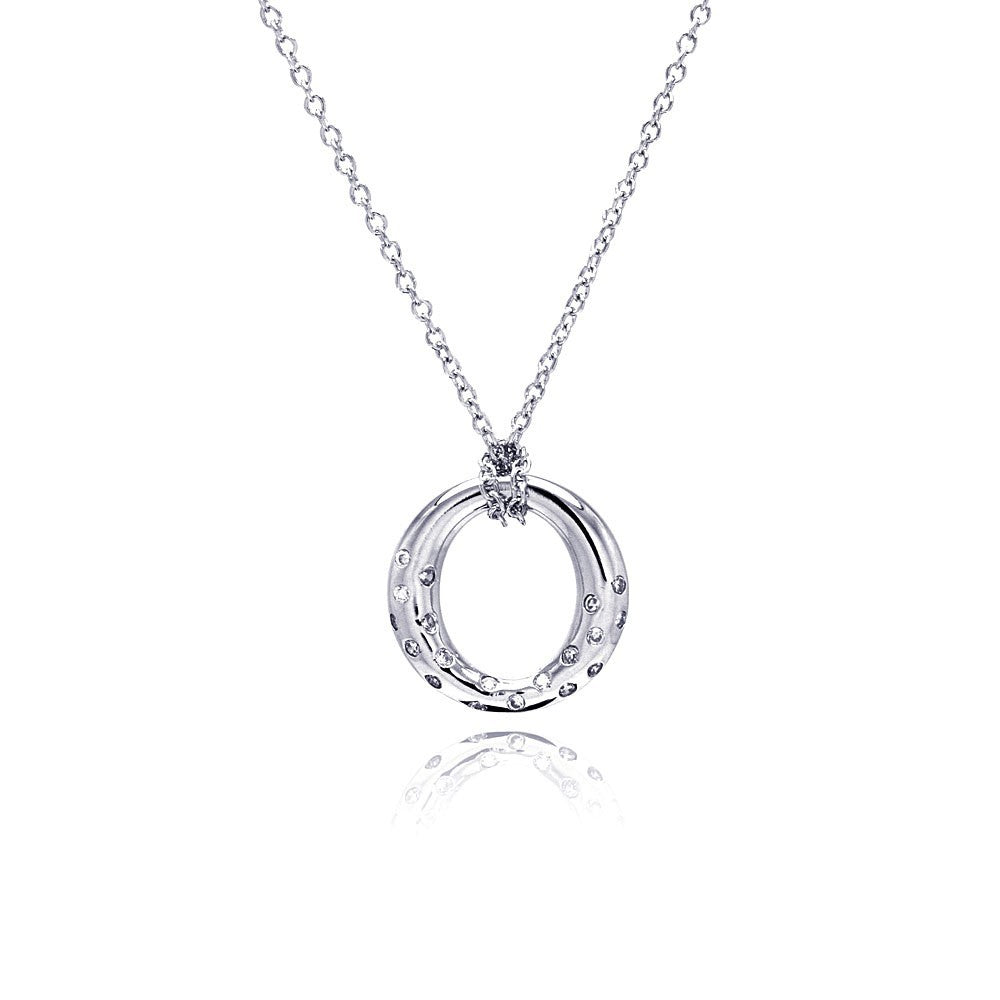 Sterling Silver Necklace with Modish Open Circle Inlaid wih Clear Czs Pendant