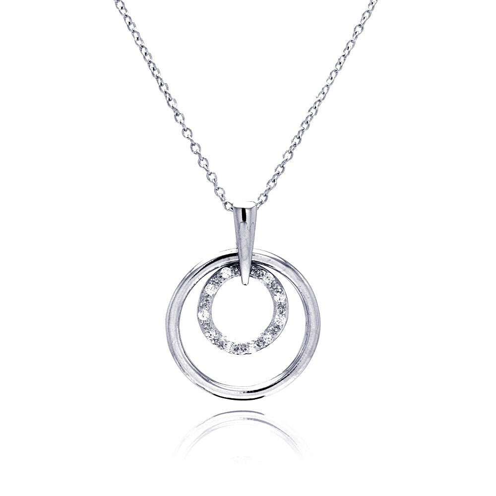 Sterling Silver Necklace with Classy Double Open Circle Inlaid with Clear Czs Pendant