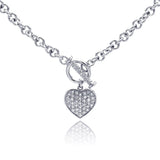 Sterling Silver Thick Cable Chain Necklace wth Paved Czs Heart Toggle Clasp Closure