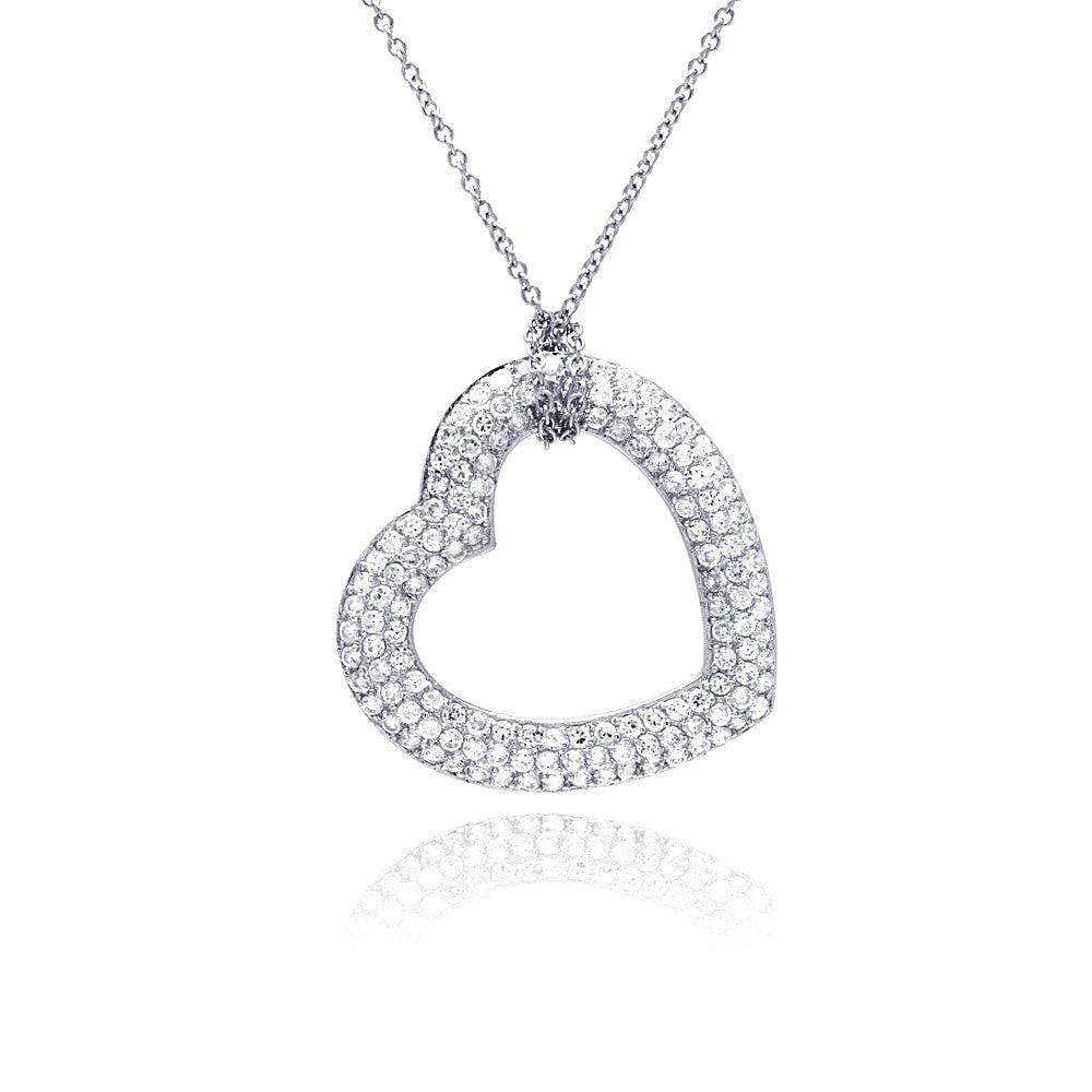 Sterling Silver Necklace Tied with Micro Paved Czs Open Heart Pendant