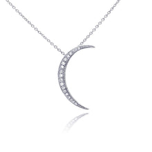 Load image into Gallery viewer, Sterling Silver Necklace with Delicate Paved Crescent Moon PendantAnd Chain Length of 16  with 2  ExtensionAnd Pendant Dimensions: 34.8MMx4.2MM