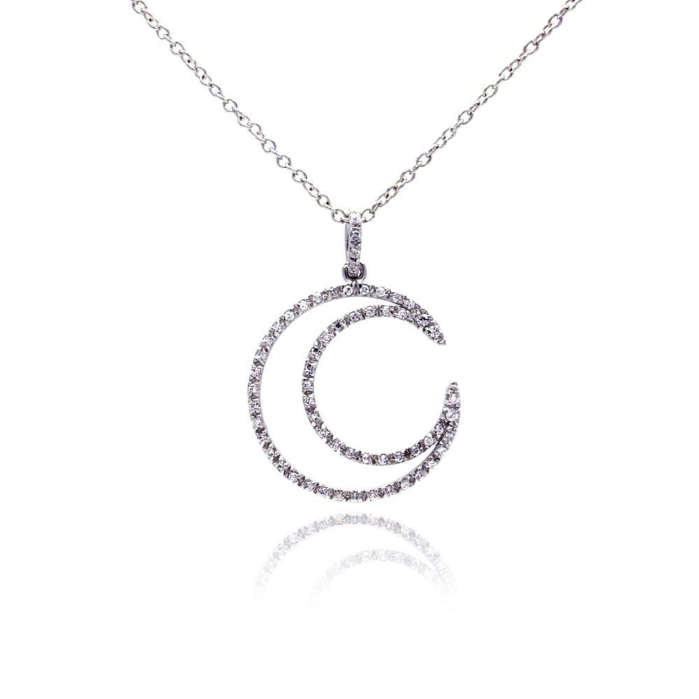 Sterling Silver Necklace with Trendy Paved Crescent Moon Pendant