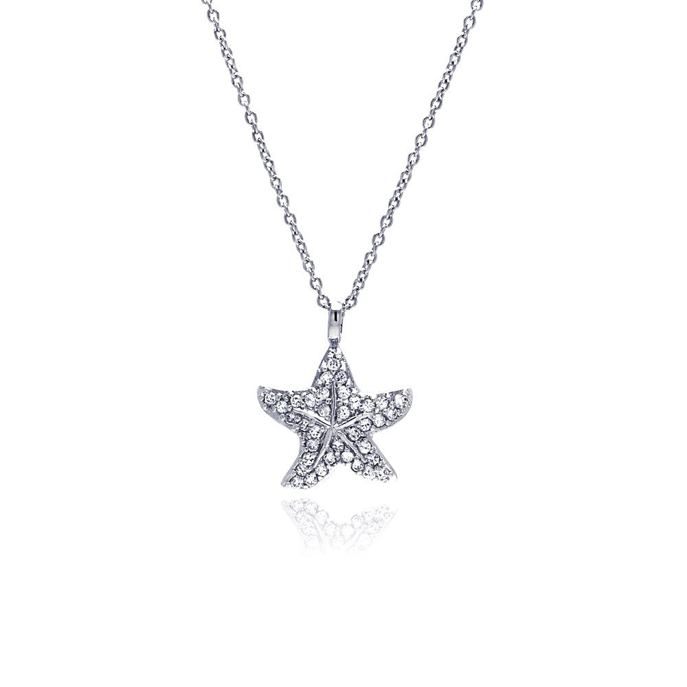 Sterling Silver Necklace with Modish Starfish Inlad with Micro Paved Clear Czs Pendant