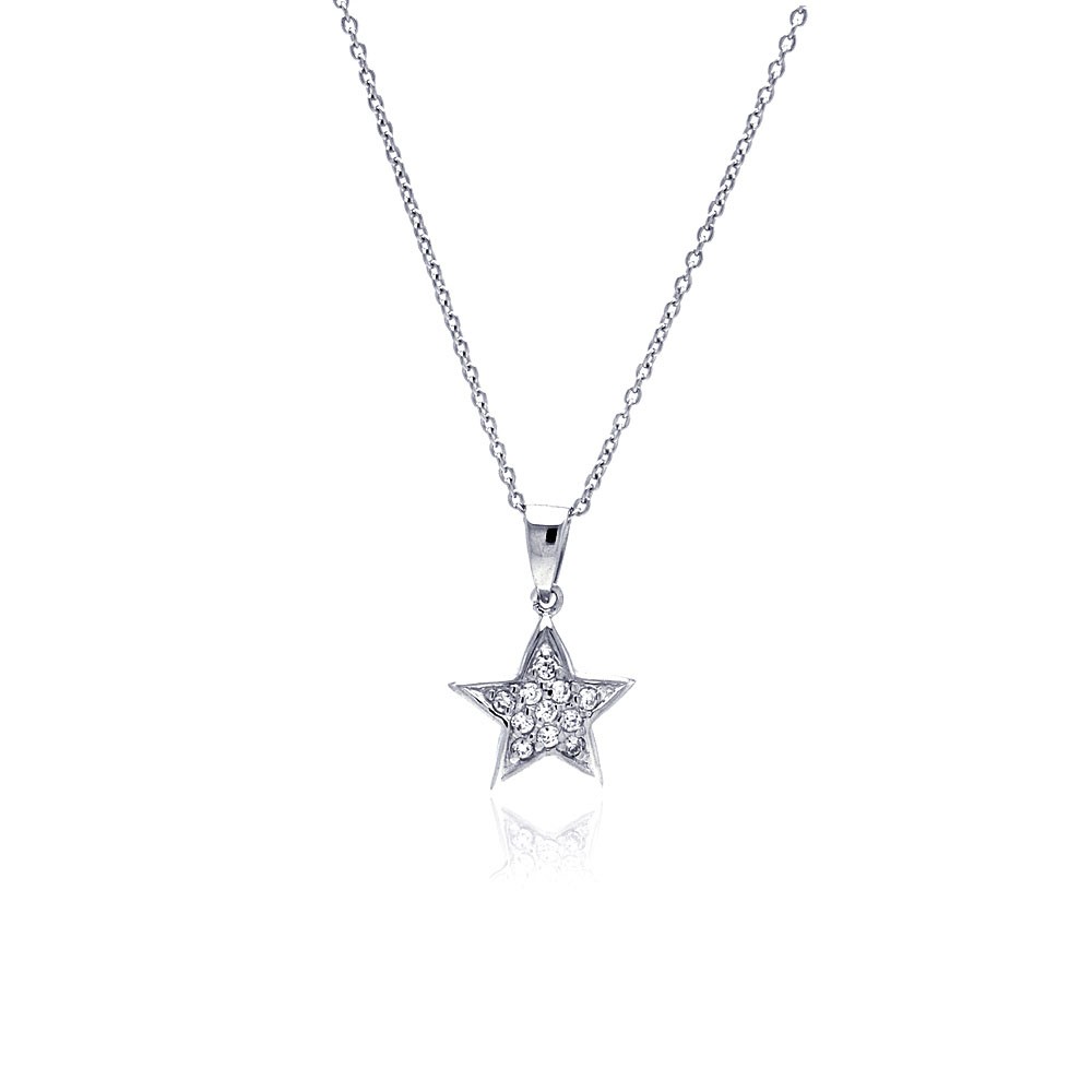 Sterling Silver Encklace with Small Double Sided Star Inlaid with Clear Czs Pendant