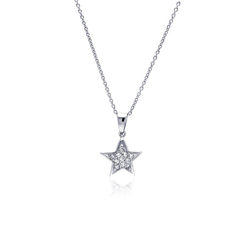 Sterling Silver Encklace with Small Double Sided Star Inlaid with Clear Czs Pendant