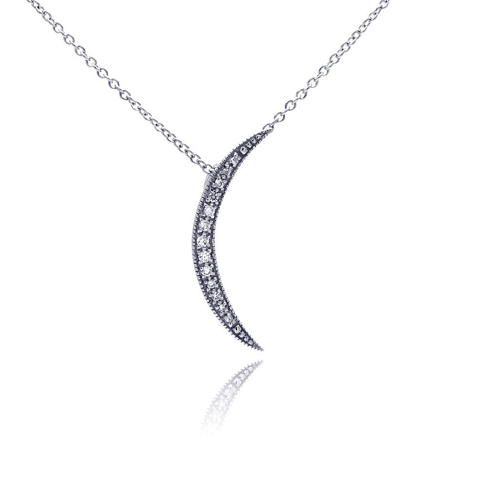 Sterling Silver Necklace with Delicate Paved Crescent Moon Pendant