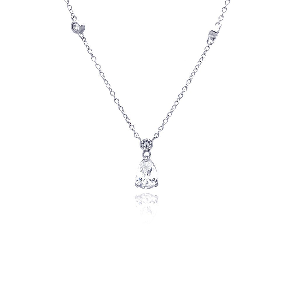 Sterling Silver Clear CZ Rhodium Plated Teardrop Pendant Necklace