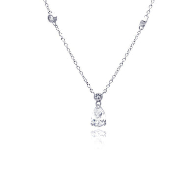 Sterling Silver Clear CZ Rhodium Plated Teardrop Pendant Necklace