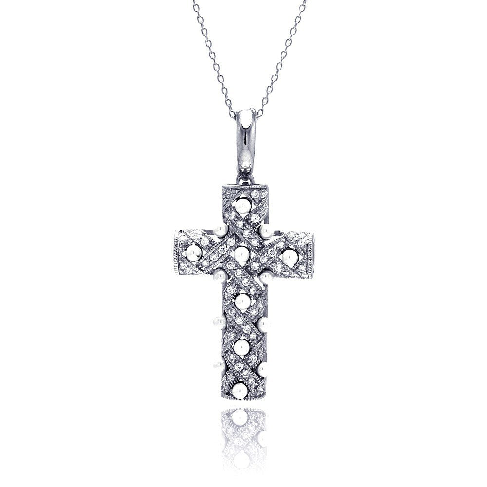 Sterling Silver Clear CZ Rhodium Plated Fancy Cross Pendant Necklace