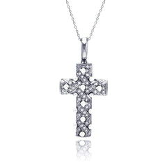 Sterling Silver Clear CZ Rhodium Plated Fancy Cross Pendant Necklace