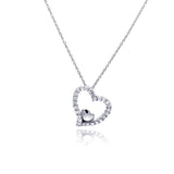 Sterling Silver Necklace with Classy Paved Czs Open Heart with Small Plain Heart Pendant