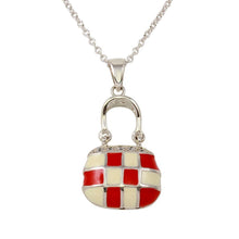 Load image into Gallery viewer, Sterling Silver Necklace with Fancy Checkered Red and White Purse Inlaid with Clear Czs Pendant