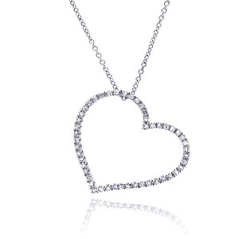 Sterling Silver Necklace with Trendy Open Paved Heart Pendant