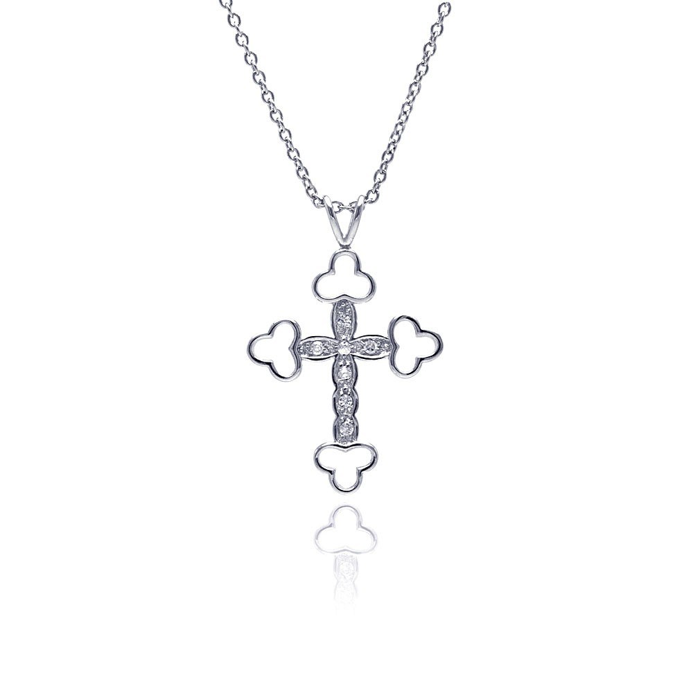 Sterling Silver Clear CZ Rhodium Plated Fancy Cross Pendant Necklace