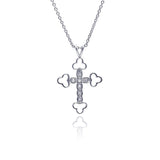 Sterling Silver Clear CZ Rhodium Plated Fancy Cross Pendant Necklace