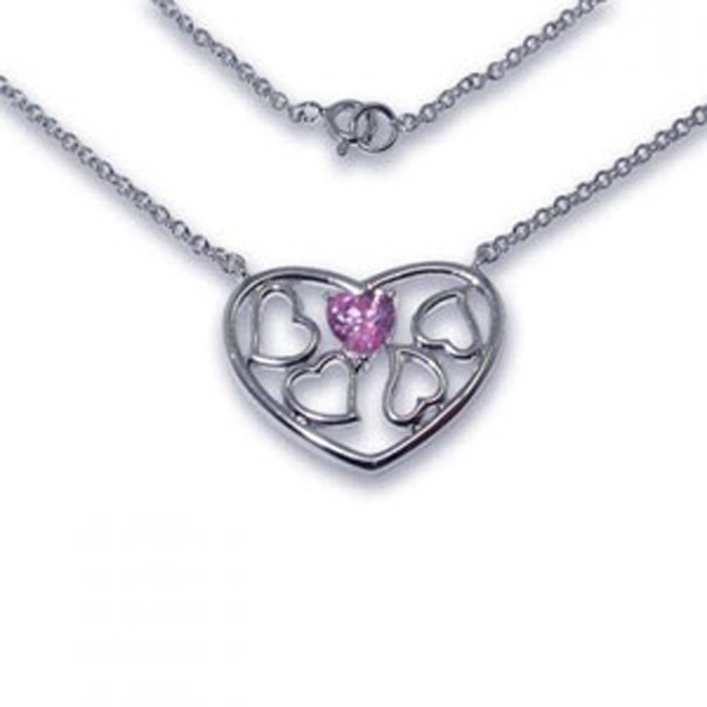 Sterling Silver Necklace with Fancy Multi Heart Design Inlaid with Single Pink Cz Pendant