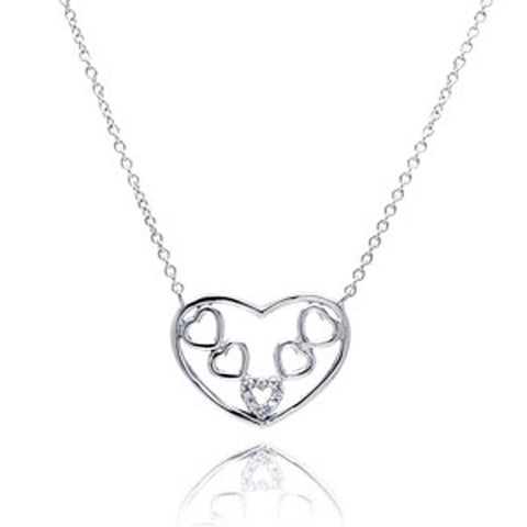 Sterling Silver Necklace with Multi Heart V-Shaped Inlaid with Clear Czs Pendant